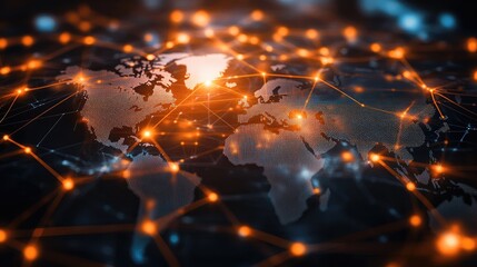 Poster - high-tech visualization of global connectivity with glowing network lines and nodes spreading across
