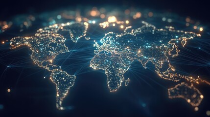 Poster - High-tech visualization of global connectivity with glowing network lines and nodes spreading across a digital world map