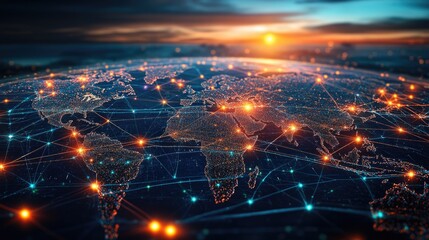 Poster - high-tech visualization of global connectivity with glowing network lines and nodes spreading across