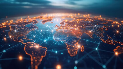 Poster - high-tech visualization of global connectivity with glowing network lines and nodes spreading across