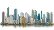 © Zidan - A panoramic view of a modern city skyline with skyscrapers, reflecting in the water.