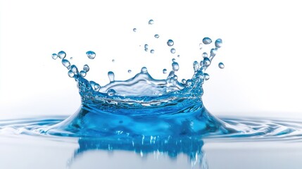 Isolated blue water splash on a clean white background, capturing the vibrant movement and detailed droplets of the splash