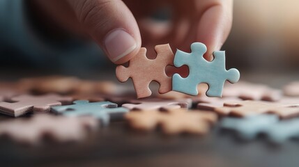 A hand carefully joins two puzzle pieces on a wooden table, symbolizing problem-solving, connection, and the intricate process of fitting things together.