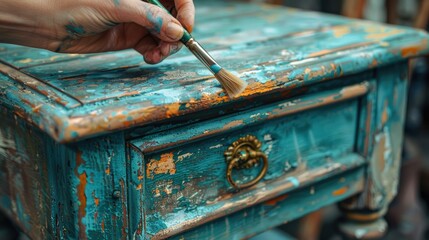 Close-up of a hand painting an antique wooden table with vibrant colors in a workshop