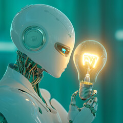 Poster - A futuristic robot holds a glowing light bulb, symbolizing innovation in a modern world