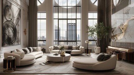 Wall Mural - Interior of modern living room with beige sofa, coffee table, panoramic window and city view.