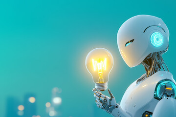 Poster - A futuristic robot holds a glowing light bulb against a city skyline during twilight