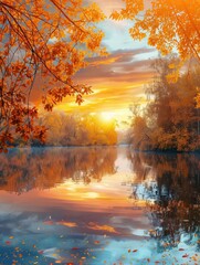 Canvas Print - Witness the breathtaking colors of an autumn sunset mirrored in the still waters, surrounded by vibrant fall foliage and trees. Generative AI