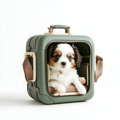 Adorable Puppy in Opened Travel Pet Carrier with White Background