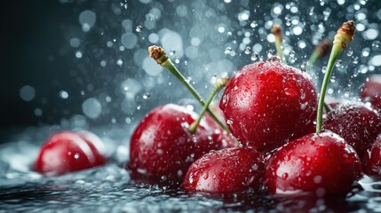 A stunning close-up of vibrant, red cherries splashing water, creating an artistic, refreshing scene, symbolizing freshness and nature’s bounty.