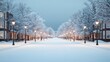 © sunchai - A winter street lined with snow-covered trees and lampposts under a serene sky.