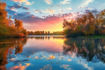 Poster - The sky bursts with vibrant hues of orange and pink during sunset, reflecting on the tranquil water surrounded by colorful autumn foliage. Generative AI