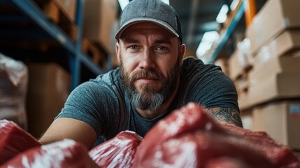 a bearded man works diligently in a warehouse, wearing a cap. his intense gaze and casual attire ref