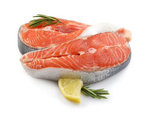 Sticker - Two fresh salmon steaks, lemon and rosemary isolated on white