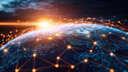 Poster - modern global network visualization with a 3d earth and glowing lines representing seamless data con