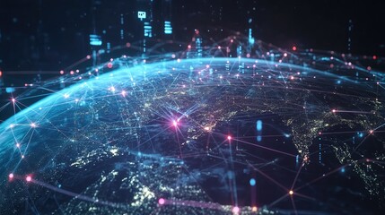 Poster - modern global network visualization with animated digital connections and bright nodes on a 3d earth