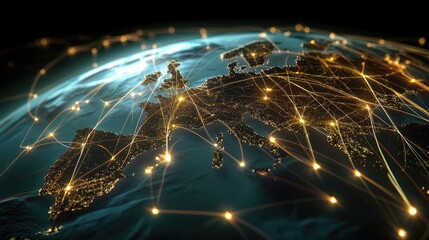 Poster - modern global network with illuminated lines and nodes, creating a detailed map of interconnected re