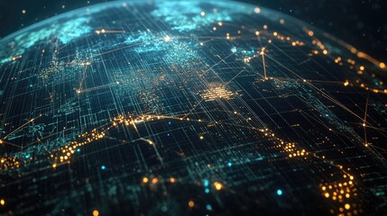 Poster - modern global network with illuminated lines and nodes, creating a detailed map of interconnected re