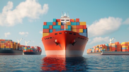 Cargo ship in harbor, colorful containers, clear sky