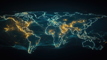 Poster - modern visualization of global connectivity with bright, animated lines and nodes forming an advance