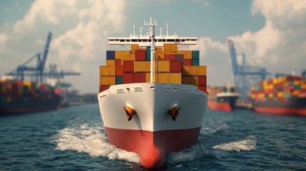 Cargo ship navigating busy harbor waters