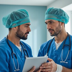 Two male doctors discussing patient information on tablet in hospital. Two male doctors in masks discussing, Highlighting collaboration in a medical setting