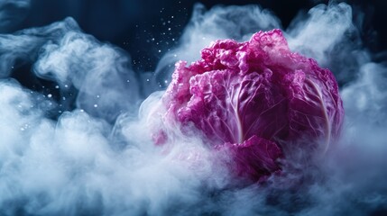 A rich purple cabbage set within a shroud of swirling, mysterious vapor, embodying the blend of earthy freshness and surreal artistic presentation.