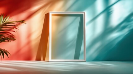 Poster - An empty white frame stands in a gradient background blending vibrant red, orange, and turquoise colors, with artistic light and shadow play adding depth.