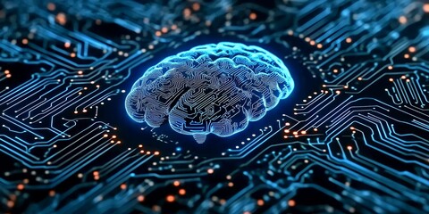 Poster - A glowing brain on a circuit board.