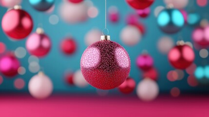 Colorful Christmas ornaments hanging on a vibrant background.