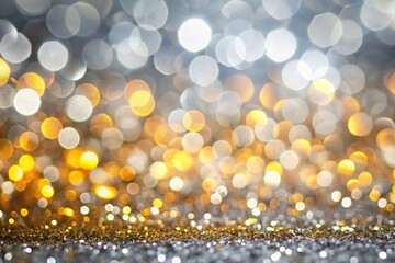 Extreme close-up abstract bokeh background in silver grey and gold tones for festive celebrations