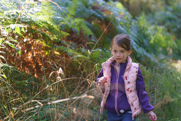 Little beautiful girl in a hoodie and vest against the background of a dark autumn forest. Concept of a happy childhood in nature