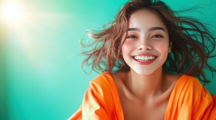 a young woman radiates joy and positivity in a bright orange outfit, captured mid-movement, with her