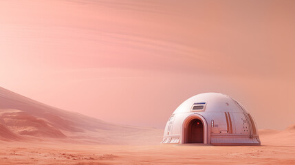 Wall Mural - a futuristic habitat on the martian surface under a pinkish sky at sunset