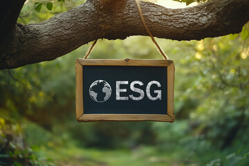 A sign hanging from a tree that says ESG. ESG Environmental, social, and governance, carbon reduction net zero and climate change