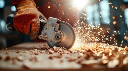 Close-up of hands holding a power tool cutting through wood, with bright sparks of debris flying in a workshop setting, illustrating craftsmanship and focus.