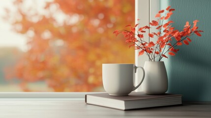 Cozy autumn scene with a mug, vase, and vibrant foliage outside a window.