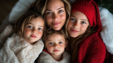 A joyful moment captured as a mother surrounded by her children in cozy blankets, each wrapped in warmth and happiness, symbolizing familial bonds and comfort.