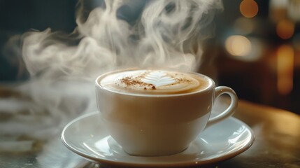 Aromatic cappuccino served in a stylish ceramic cup, steam swirling gracefully