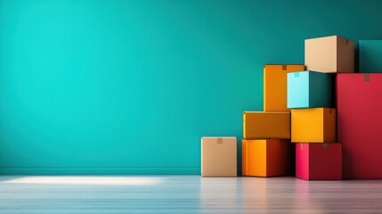 Aufkleber - An artful arrangement of cardboard boxes in various vibrant colors is stacked neatly against a teal wall, creating a modern and visually striking composition.
