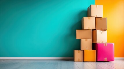 Aufkleber - An eye-catching stack of colorful cardboard boxes forms a tower against a vibrant teal and yellow wall, embodying creativity and modern design aesthetics.
