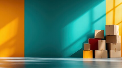 Aufkleber - The image showcases a stack of colorful boxes against a split background of vibrant orange and teal walls, with sunlight streaming through a window creating shadows.