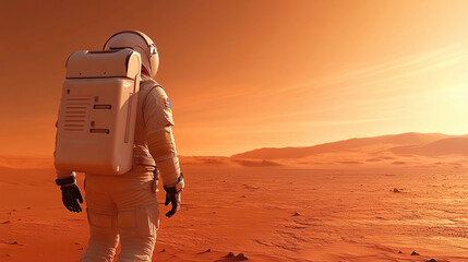 Wall Mural - astronaut exploring the martian landscape under a vibrant orange sky during sunset
