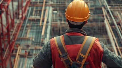 Close-up of a construction worker using a safety harness and helmet, working on a high construction site with safety barriers