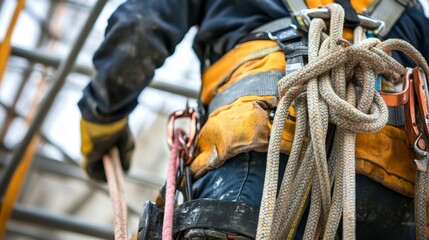 Close-up of a workers safety harness and helmet, working from a high scaffold with visible safety ropes and barriers