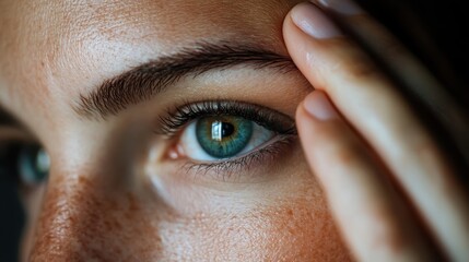 A detailed close-up shot of a mesmerizing blue eye, capturing the intricate colors and textures of the iris along with surrounding skin details.