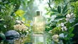 © Anna - A glass perfume bottle stands gracefully in the middle of a serene scene, framed by vibrant green leaves and blooming flowers under gentle sunlight
