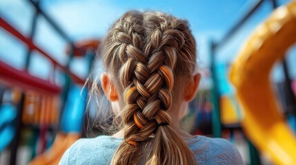 A young girl with braided hair, dressed casually, is seen from behind standing at a colorful playground on a sunny day, reflecting adventure and childhood fun.