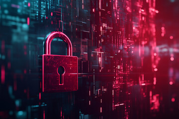 Poster - red and blue image of a lock with a key on top of a circuit board. The lock is surrounded by a blue and red background. Concept of security and protection, as the lock is a symbol of safety
