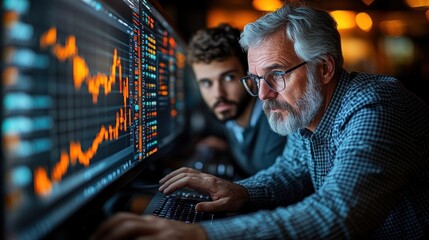 Poster - Two professionals focus intently on stock market analytics displayed on multiple large screens, showcasing vibrant financial graphs in a dimly lit office environment